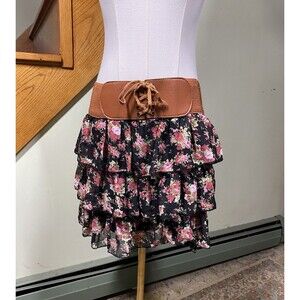 Vtg Y2K Deb Mini Skirt Women Sz M Floral Tiered Cottagecore Festival Coquette